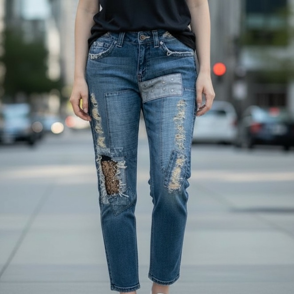 LF Furst of A Kind Denim Patched Crop Straight Upcylced Denim Jeans‎